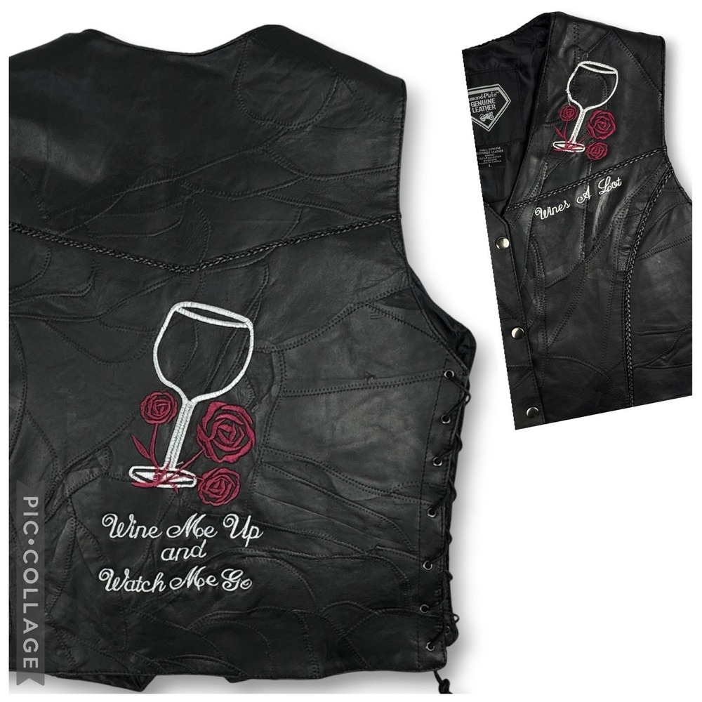 Diamond Plate Leather Biker Vest Sz Large Black Leather "Wine Me Up" Embroidered